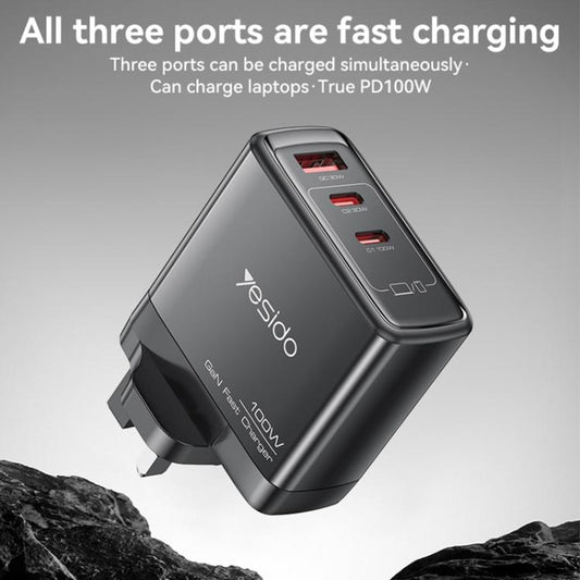 Yesido YC95 PD100W 2 ports USB-C, chargeur rapide GaN à trois ports USB-A, prise : prise britannique (noir)