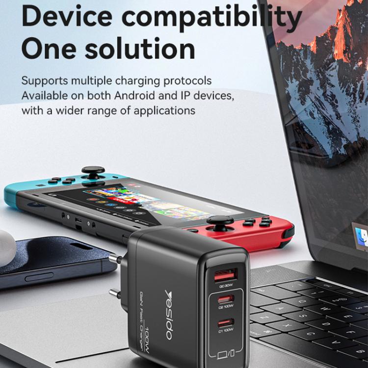 Yesido YC95 PD100W 2 USB-C , USB-A Three Ports GaN Fast Charger, Plug:UK Plug(Black)