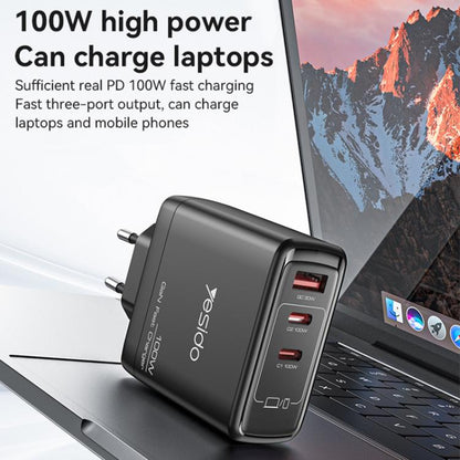 Yesido YC95 PD100W 2 USB-C , USB-A Three Ports GaN Fast Charger, Plug:UK Plug(Black)