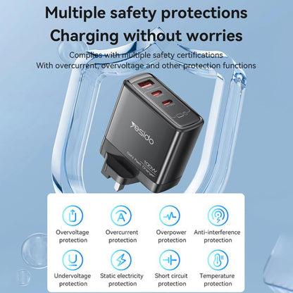 Yesido YC95 PD100W 2 USB-C , USB-A Three Ports GaN Fast Charger, Plug:UK Plug(Black)