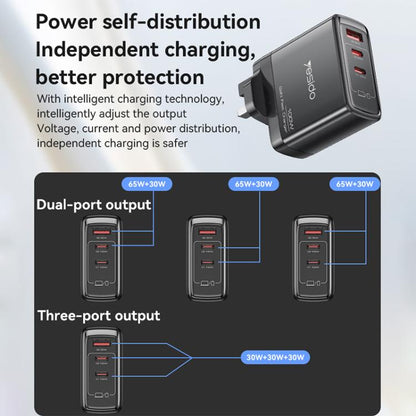 Yesido YC95 PD100W 2 USB-C , USB-A Three Ports GaN Fast Charger, Plug:UK Plug(Black)