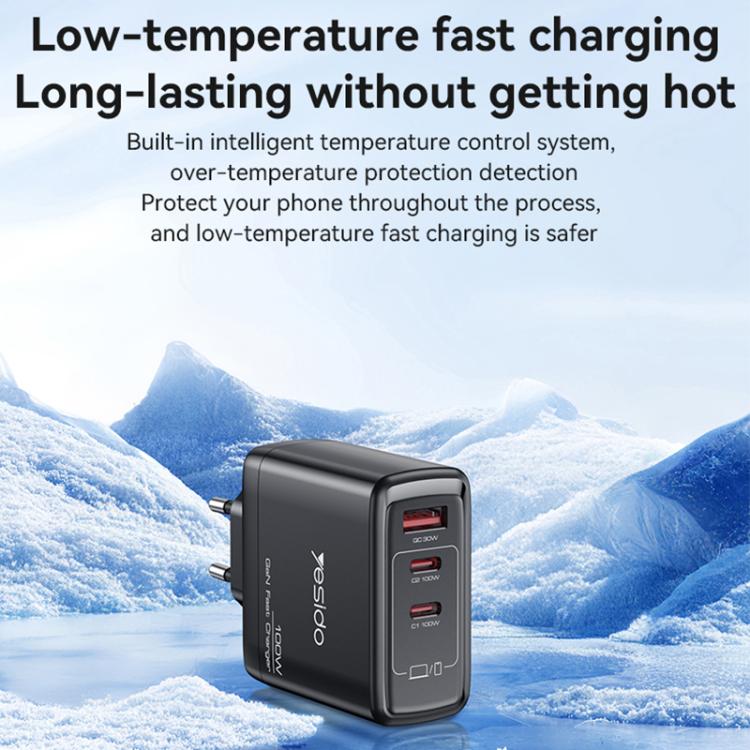 Yesido YC95 PD100W 2 USB-C , USB-A Three Ports GaN Fast Charger, Plug:UK Plug(Black)