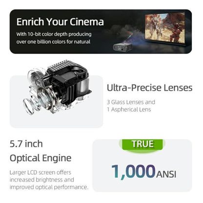 AUN AKEY9S 1080P 1000ANSI Autofocus WIFI Display Smart Projector, UK Plug(Black)