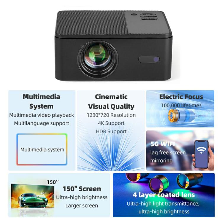 AUN A32 Pro 1280x720P 300ANSI Android 13 WIFI Display Smart Projector, US Plug(Black)