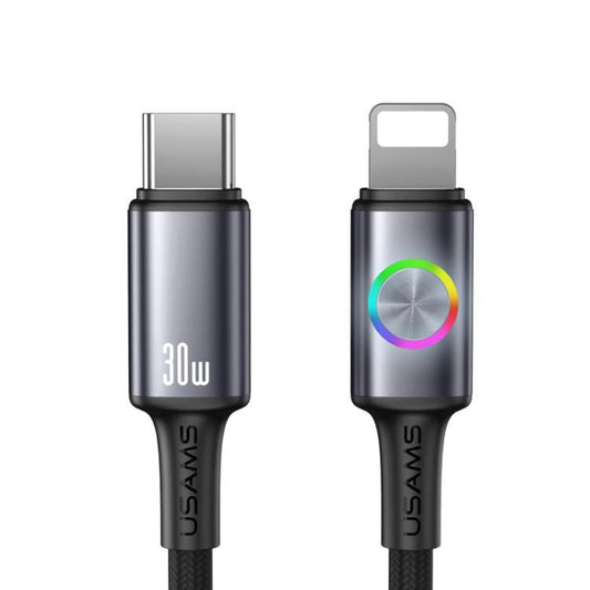 USAMS SJ753 30W Type-C to 8 Pin Aluminum Alloy Data Cable with Colorful Light, Length: 1.2m(Gunmetal)