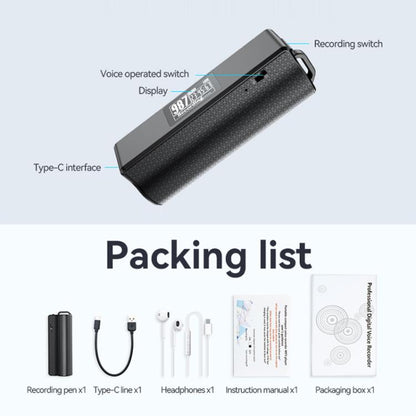 JNN Q70P OLED Display Magnetic Noise Reduction Voice Recording Pen Support APP Control, Memory:8GB(Black)