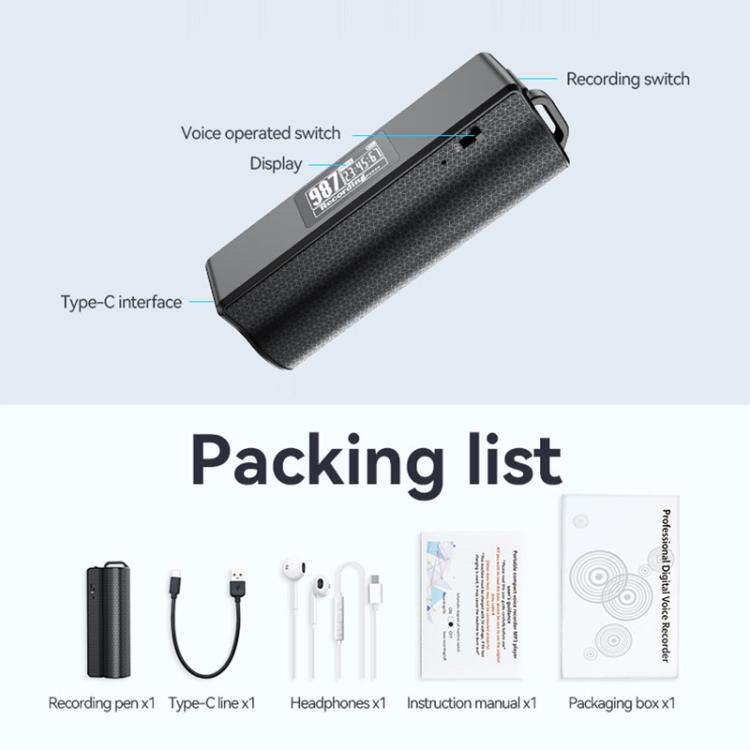 JNN Q70P OLED Display Magnetic Noise Reduction Voice Recording Pen Support APP Control, Memory:64GB(Black)