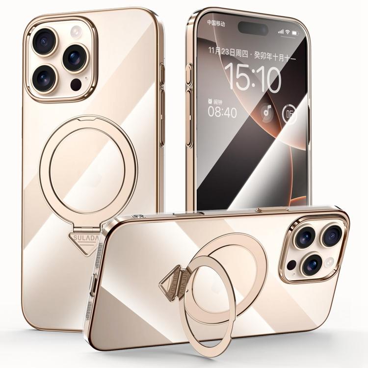 For iPhone 16 Pro Max SULADA Electroplated Transparent MagSafe Holder Phone Case(Gold)