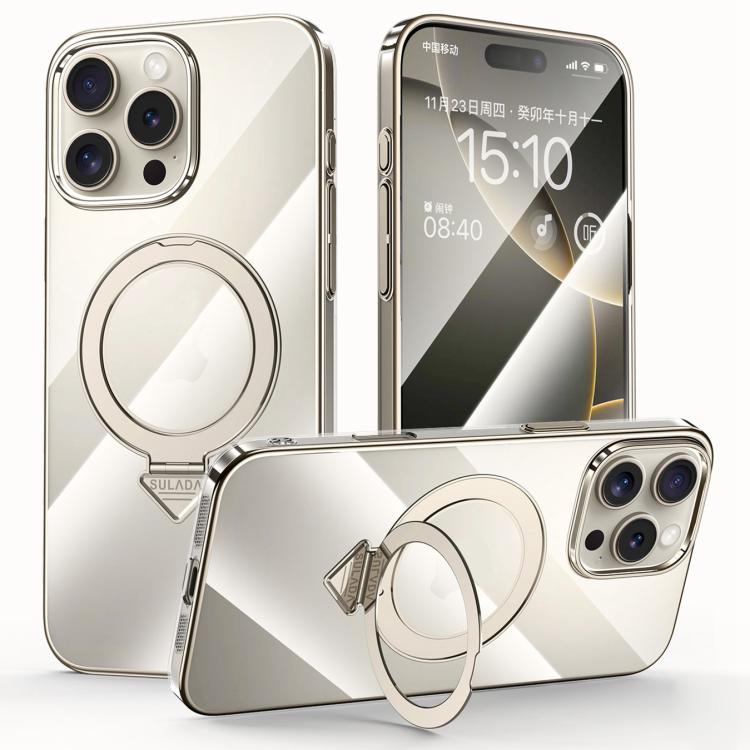 For iPhone 16 Pro SULADA Electroplated Transparent MagSafe Holder Phone Case(Grey)