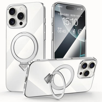 For iPhone 16 Pro SULADA Electroplated Transparent MagSafe Holder Phone Case(Silver)