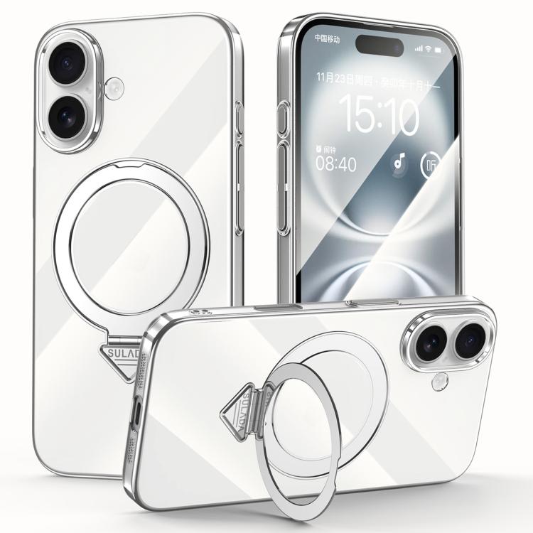 For iPhone 16 SULADA Electroplated Transparent MagSafe Holder Phone Case(Silver)