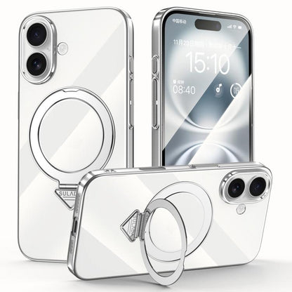 For iPhone 16 SULADA Electroplated Transparent MagSafe Holder Phone Case(Silver)
