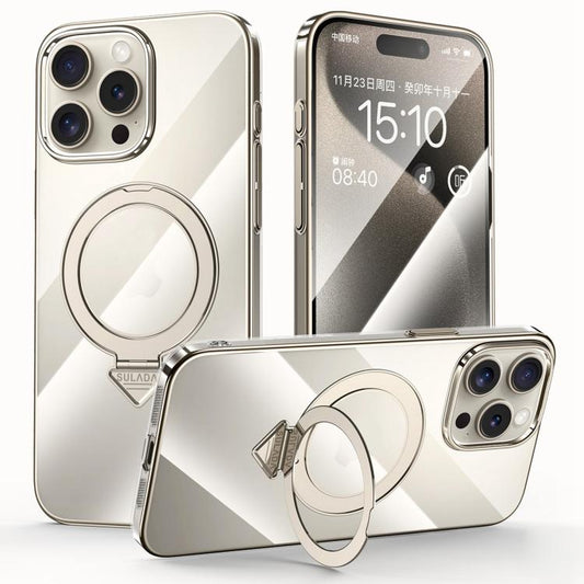 For iPhone 15 Pro Max SULADA Electroplated Transparent MagSafe Holder Phone Case(Grey)