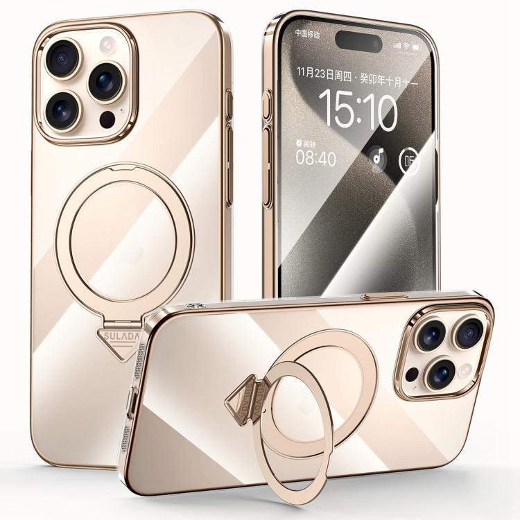 For iPhone 15 Pro Max SULADA Electroplated Transparent MagSafe Holder Phone Case(Gold)