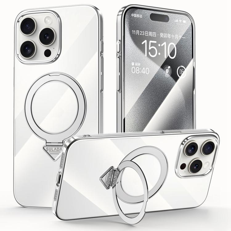 Pour iPhone 15 Pro Max SULADA Coque de téléphone transparente électroplaquée MagSafe avec support (argent)