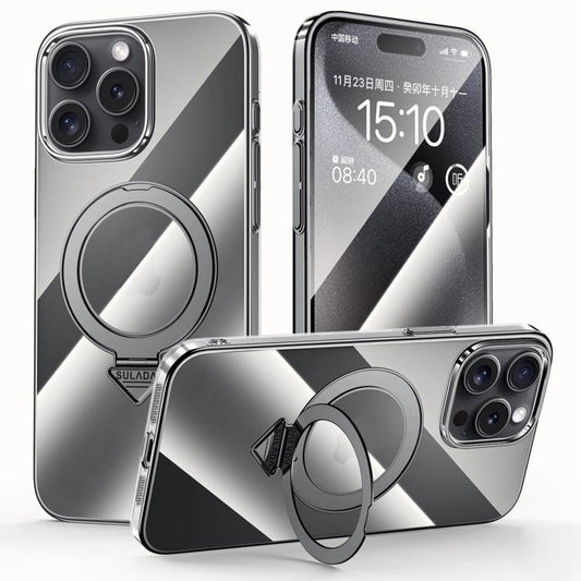 For iPhone 15 Pro SULADA Electroplated Transparent MagSafe Holder Phone Case(Black)