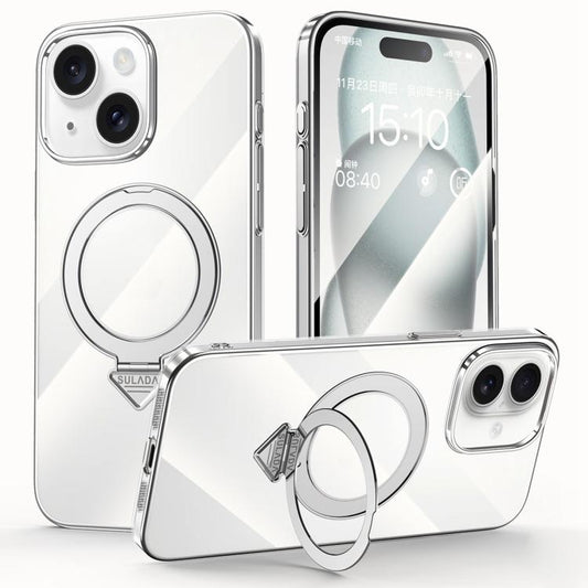 For iPhone 15 SULADA Electroplated Transparent MagSafe Holder Phone Case(Silver)