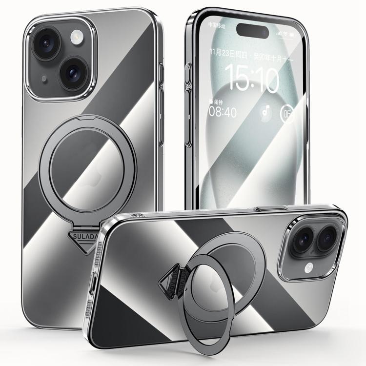 Pour iPhone 15 Coque de Téléphone SULADA Transparente Électroplaquée avec Support MagSafe (Noir)