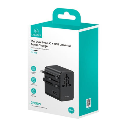 USAMS CC308 17W Dual Type-C and USB-A Ports Universal Travel Charger(Black)