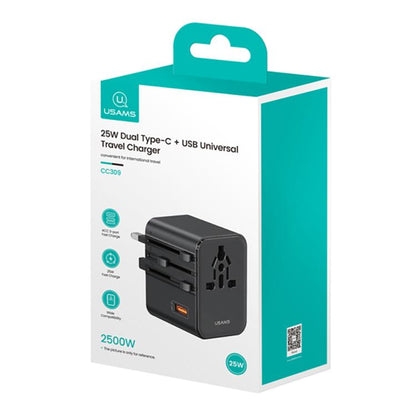 USAMS CC309 25W Dual Type-C and USB-A Ports Universal Travel Charger(Black)