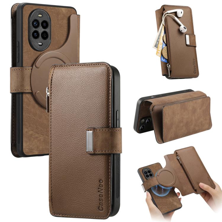 Pour Huawei Nova 13 Pro Étui portefeuille en cuir rétro avec fermeture éclair et protection RFID MagSafe (marron)