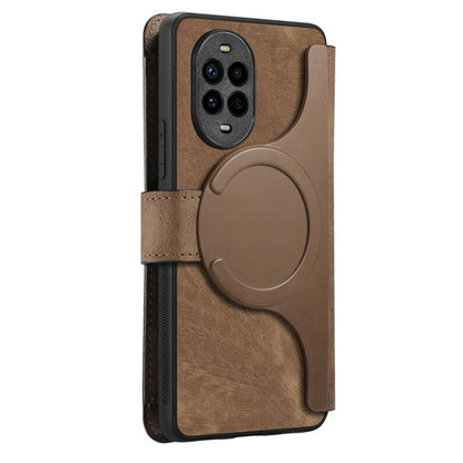 Pour Huawei Nova 13 Pro Étui portefeuille en cuir rétro avec fermeture éclair et protection RFID MagSafe (marron)
