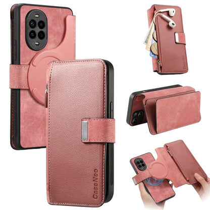 Pour Huawei Nova 13 Pro Étui portefeuille en cuir rétro avec fermeture éclair antivol RFID Neo MagSafe (rose)