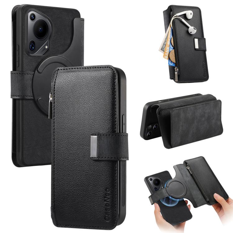 Pour l'étui Huawei Pura 70 UltraCoque de téléphone en cuir rétro avec portefeuille à fermeture éclair antivol MagSafe RFID (Noir)