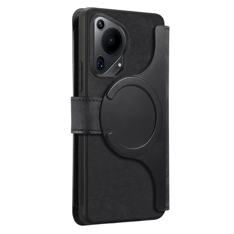 Pour l'étui Huawei Pura 70 UltraCoque de téléphone en cuir rétro avec portefeuille à fermeture éclair antivol MagSafe RFID (Noir)