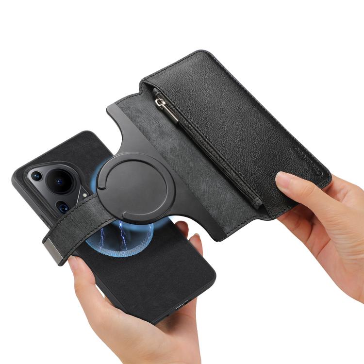 Pour l'étui Huawei Pura 70 UltraCoque de téléphone en cuir rétro avec portefeuille à fermeture éclair antivol MagSafe RFID (Noir)