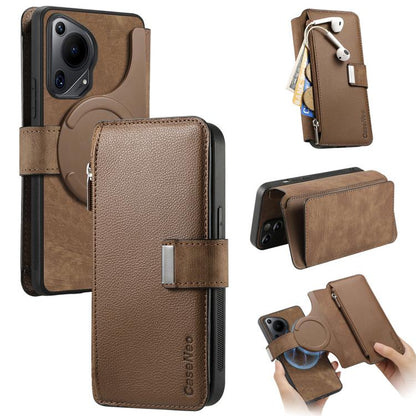Pour Huawei Pura 70 Ultra Étui Neo MagSafe RFID Anti-vol Portefeuille Zippé Rétro Étui de Téléphone en Cuir (Marron)