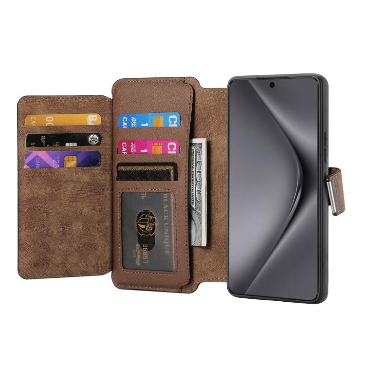 Pour Huawei Pura 70 Ultra Étui Neo MagSafe RFID Anti-vol Portefeuille Zippé Rétro Étui de Téléphone en Cuir (Marron)