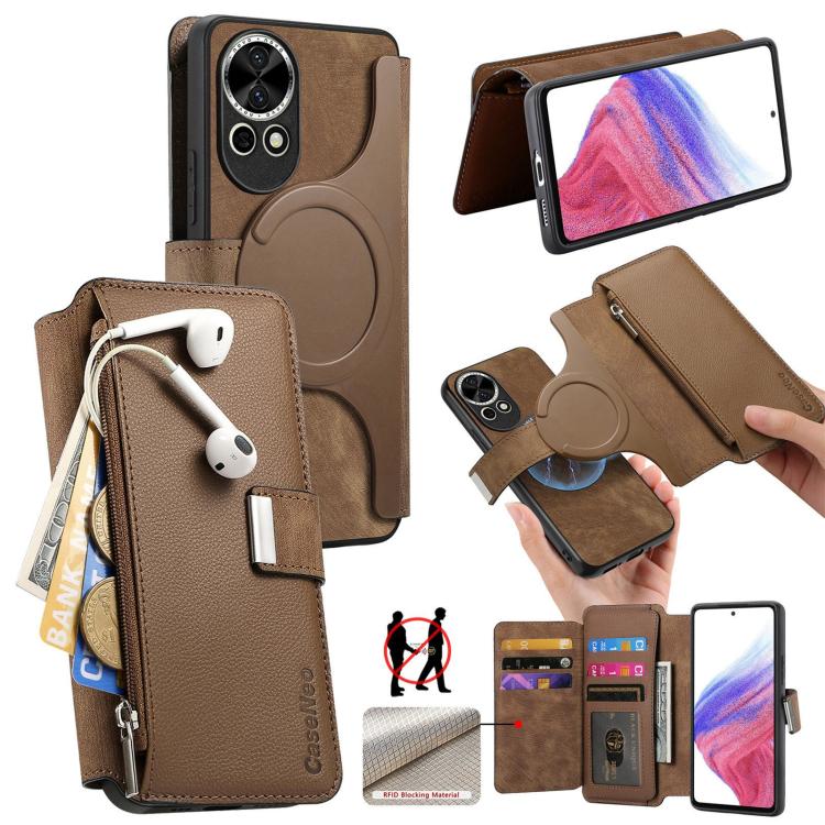 Pour Huawei nova 13 / 12 ÉtuiPortefeuille en cuir rétro avec fermeture éclair et protection RFID MagSafe (Marron)