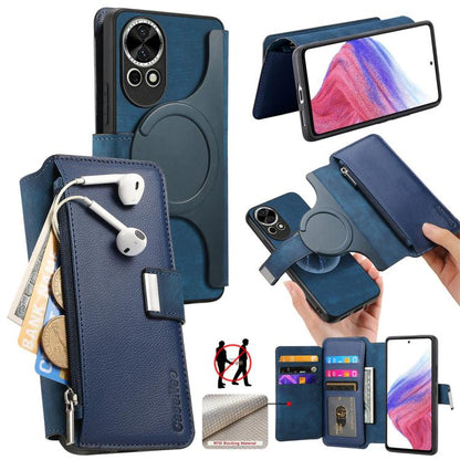 Pour Huawei nova 13 / 12 Coque Néo MagSafe RFID Antivol Fermeture Éclair Portefeuille Étui Téléphone en Cuir Rétro (Bleu)