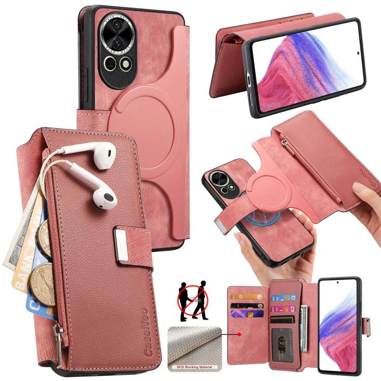 Pour Huawei nova 13 / 12 ÉtuiPortefeuille zippé en cuir rétro avec MagSafe et protection RFID (Rose)