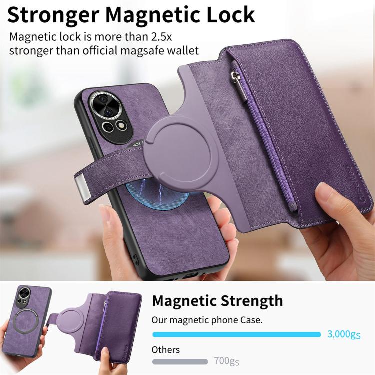 Pour Huawei nova 13 / 12 Coque Neo MagSafe RFID Anti-vol Portefeuille à Fermeture Éclair Étui de Téléphone en Cuir Rétro (Violet)