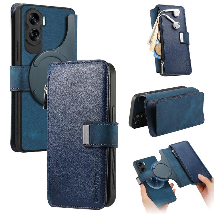 Pour Honor 90 Lite ÉtuiCoque en cuir rétro avec fermeture éclair et portefeuille MagSafe RFID antivol (Bleu)