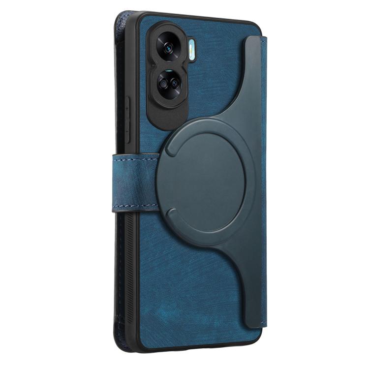 Pour Honor 90 Lite ÉtuiCoque en cuir rétro avec fermeture éclair et portefeuille MagSafe RFID antivol (Bleu)
