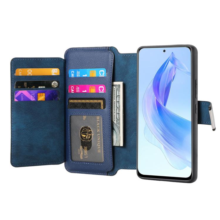 Pour Honor 90 Lite ÉtuiCoque en cuir rétro avec fermeture éclair et portefeuille MagSafe RFID antivol (Bleu)