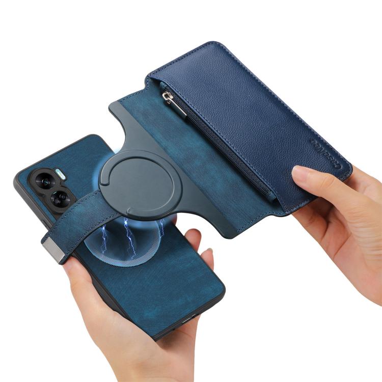 Pour Honor 90 Lite ÉtuiCoque en cuir rétro avec fermeture éclair et portefeuille MagSafe RFID antivol (Bleu)