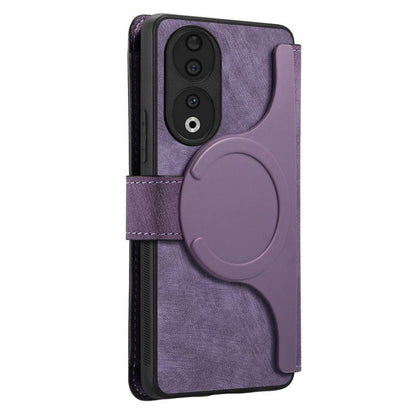 Pour étui Honor 90Coque de téléphone rétro en cuir avec portefeuille à fermeture éclair antivol RFID MagSafe Neo (violet)