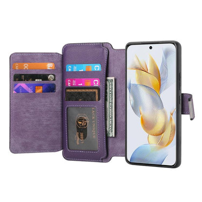 Pour étui Honor 90Coque de téléphone rétro en cuir avec portefeuille à fermeture éclair antivol RFID MagSafe Neo (violet)