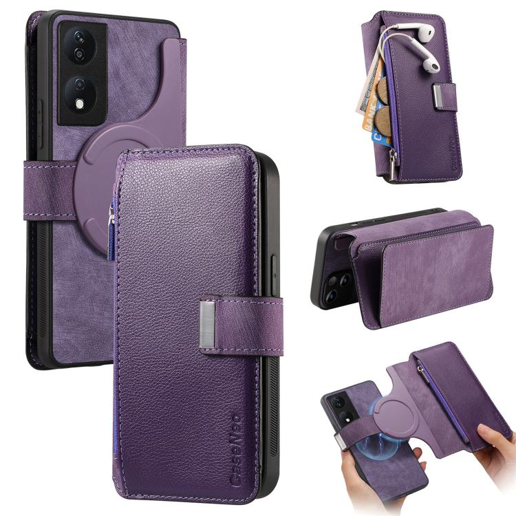 Coque Pour Honor X7b - Étui Portefeuille en Cuir Rétro avec Fermeture Éclair Antivol RFID et MagSafe Néo (Violet)