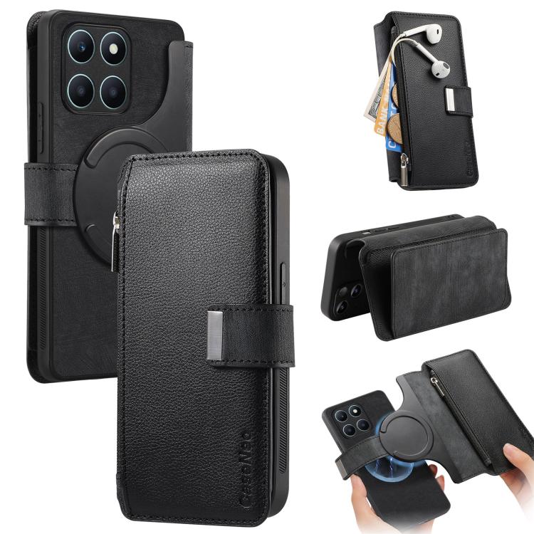 Pour Honor X6a ÉtuiNeo MagSafe RFID Antivol Portefeuille Zippé en Cuir Rétro Housse de Téléphone (Noir)