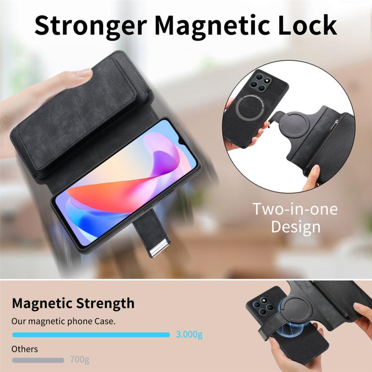 Pour Honor X6a ÉtuiNeo MagSafe RFID Antivol Portefeuille Zippé en Cuir Rétro Housse de Téléphone (Noir)
