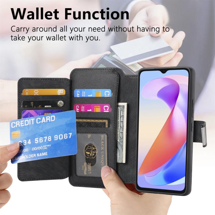 Pour Honor X6a ÉtuiNeo MagSafe RFID Antivol Portefeuille Zippé en Cuir Rétro Housse de Téléphone (Noir)