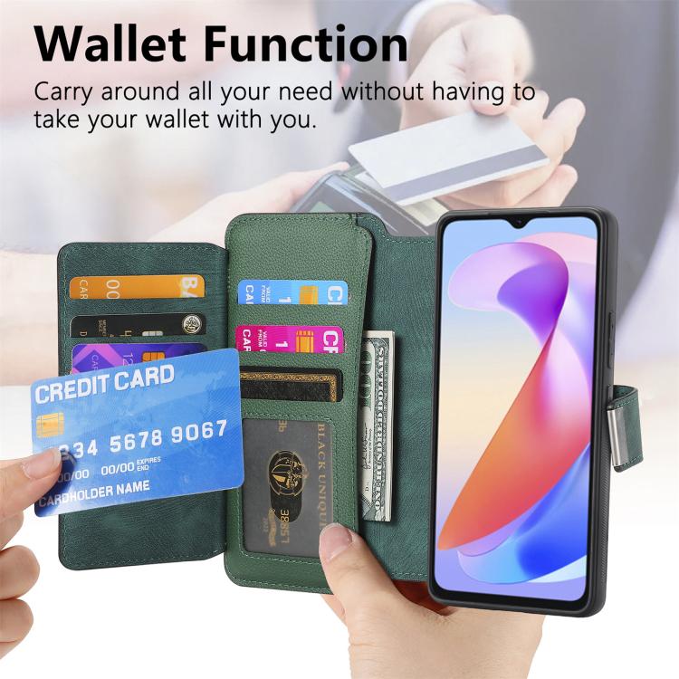 Pour étui Honor X6a Neo MagSafe RFID Antivol Portefeuille Zippé en Cuir Rétro Coque de Téléphone (Vert)