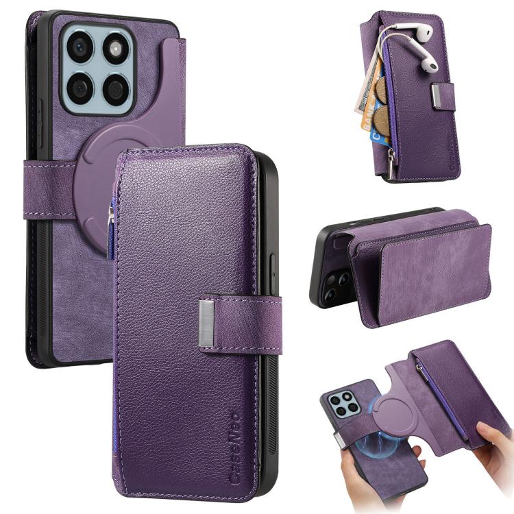 Pour Honor X8b Coque Neo MagSafe Portefeuille Zippé Antivol RFID en Cuir Rétro (Violet)