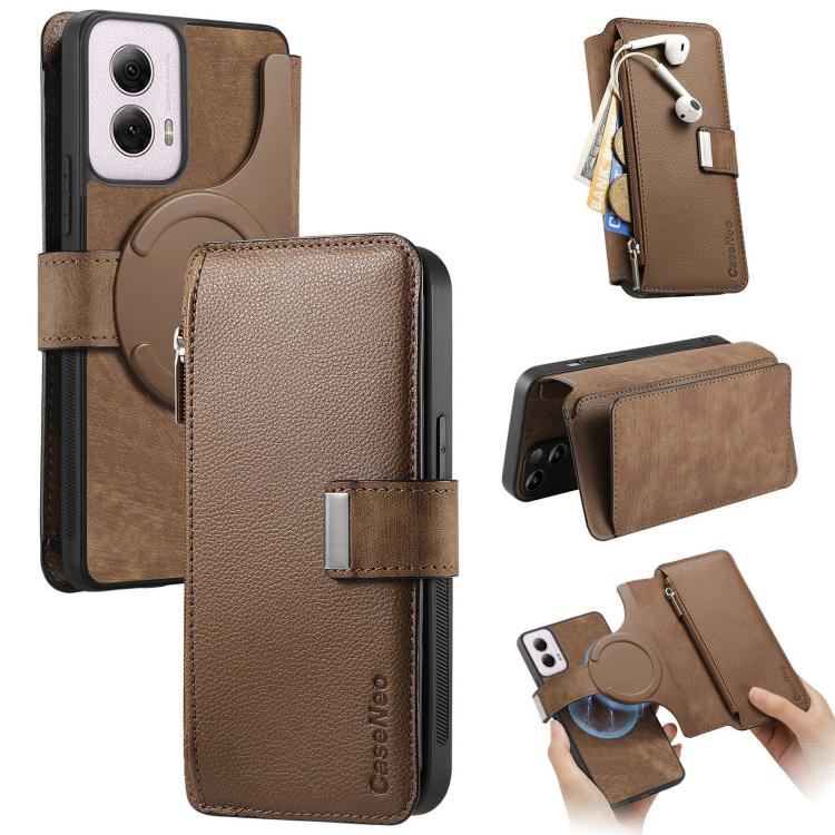 For Motorola Moto G Power 2024 CaseNeo MagSafe RFID Anti-theft Zipper Wallet Retro Leather Phone Case(Brown)