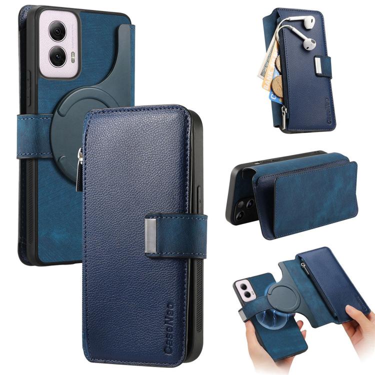 Pour Motorola Moto G Power 2024 ÉtuiNeo MagSafe RFID Antivol Portefeuille Zippé Rétro Cuir Étui Téléphone (Bleu)